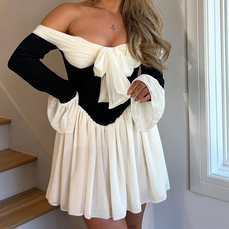 Damenbekleidung Herbst Sexy schulterfreies französisches Kleid mit Taillenkontrolle und Glockenärmeln