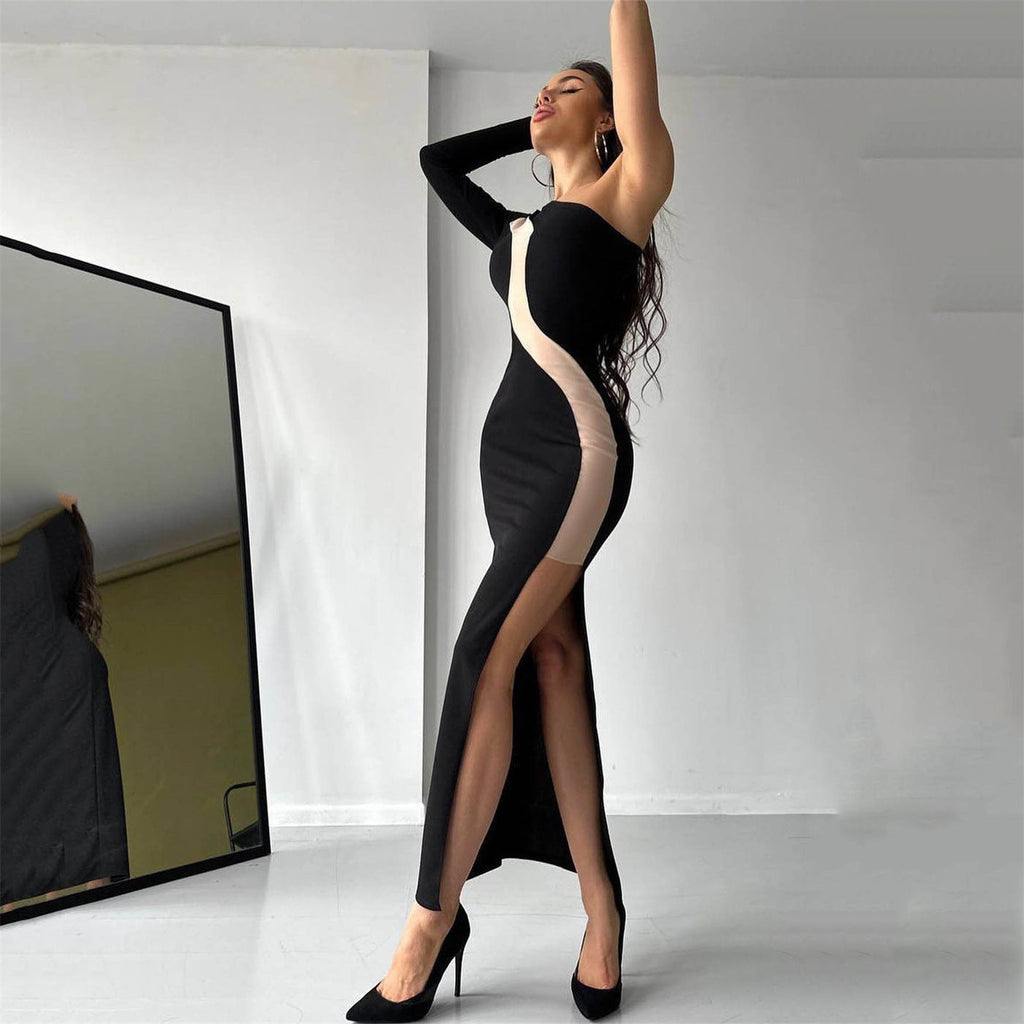 Sexy Damenbekleidung Diagonaler Kragen Einarm-Kleid Damen Mesh-Einsatz Sexy Schlitz Midi-Kleid Damen
