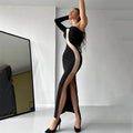 Sexy Damenbekleidung Diagonaler Kragen Einarm-Kleid Damen Mesh-Einsatz Sexy Schlitz Midi-Kleid Damen