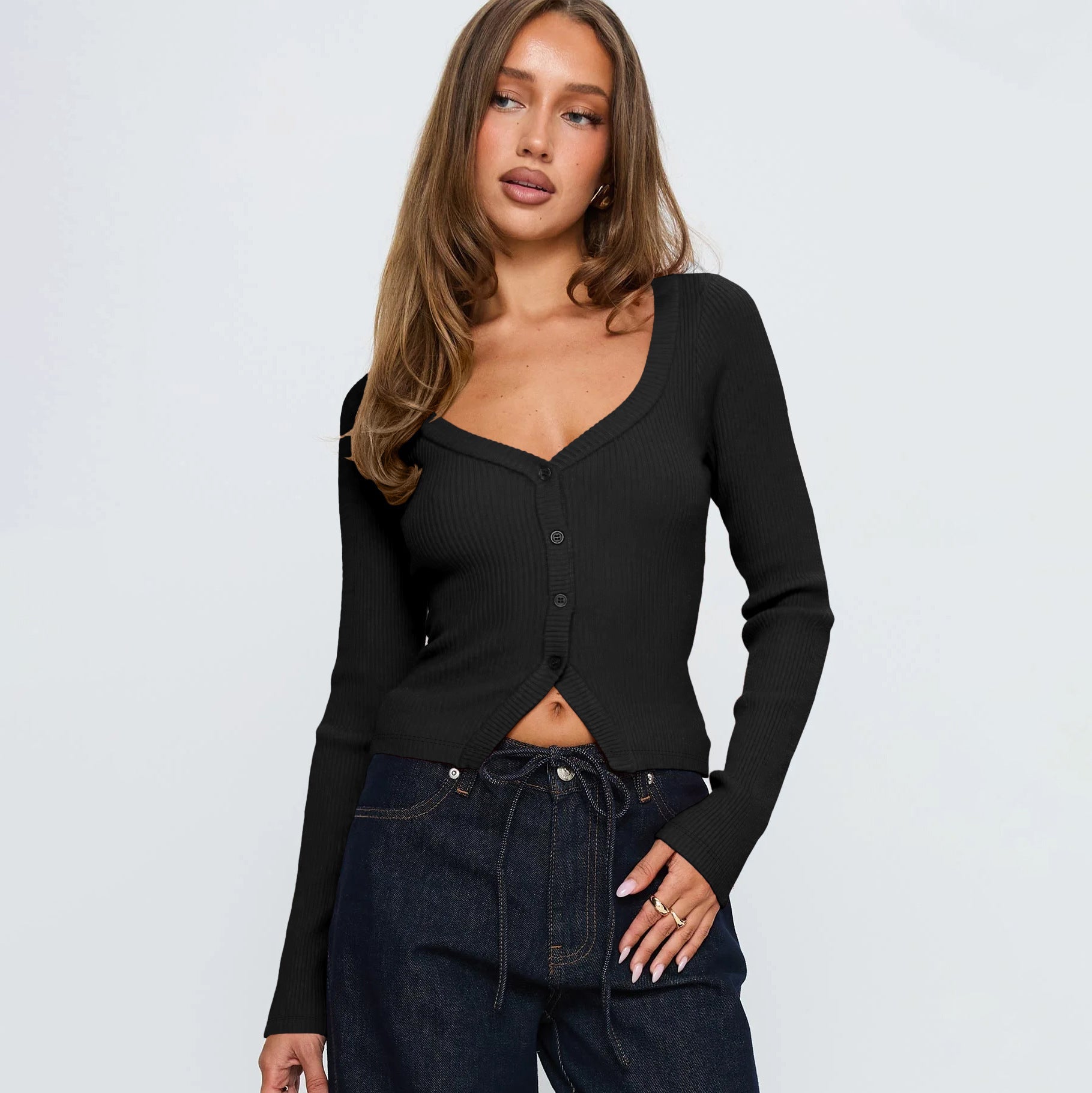 Damen Herbst Winter V-Ausschnitt Langarm Rippstrick Knopf Cardigan Schmale Passform