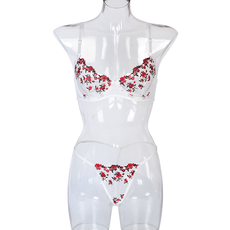 Ensemble de lingerie sexy deux pièces brodé floral extensible et transparent