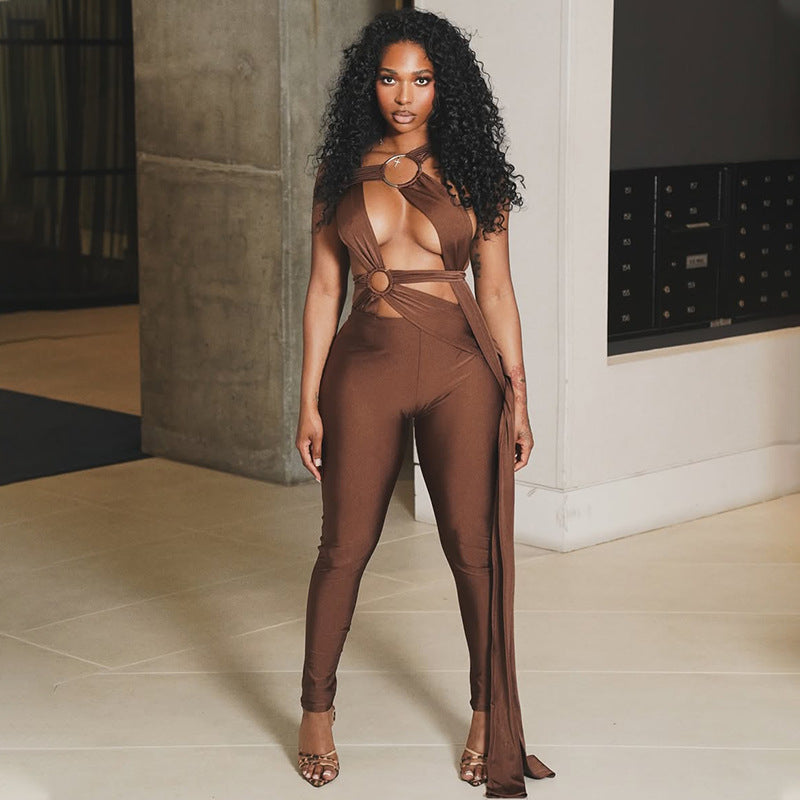 Combinaison longue moulante sexy en dentelle, découpée et ornée d'anneaux métalliques, couleur unie, pour femme, style streetwear