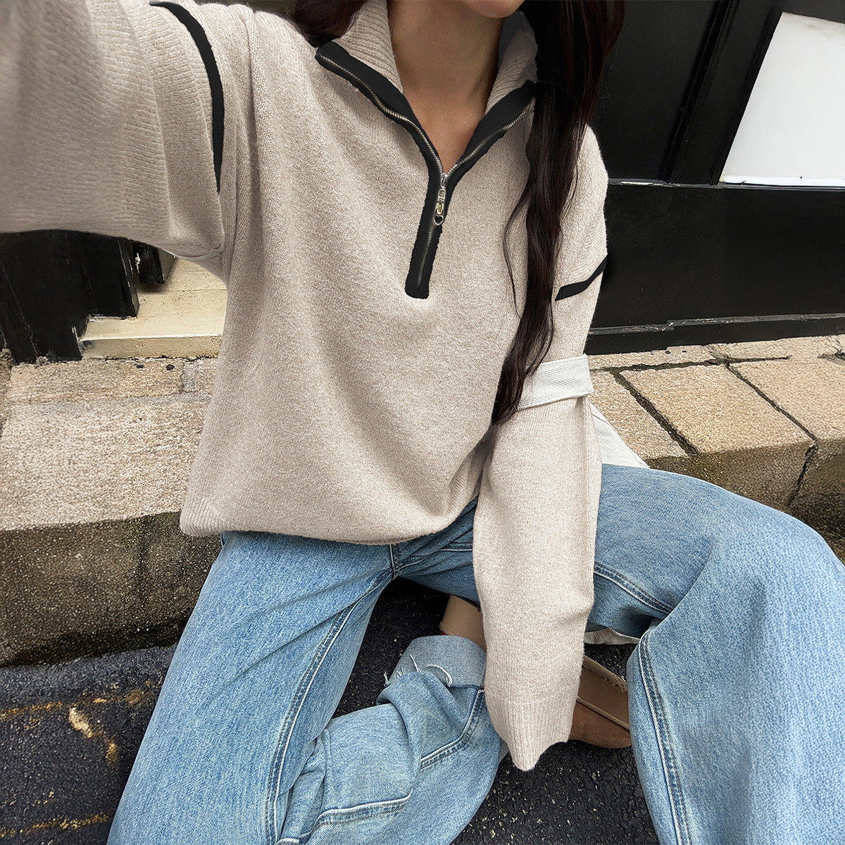 Lässige schlichte einfarbige langärmelige Pullover mit Reißverschluss Damenbekleidung Herbst Winter