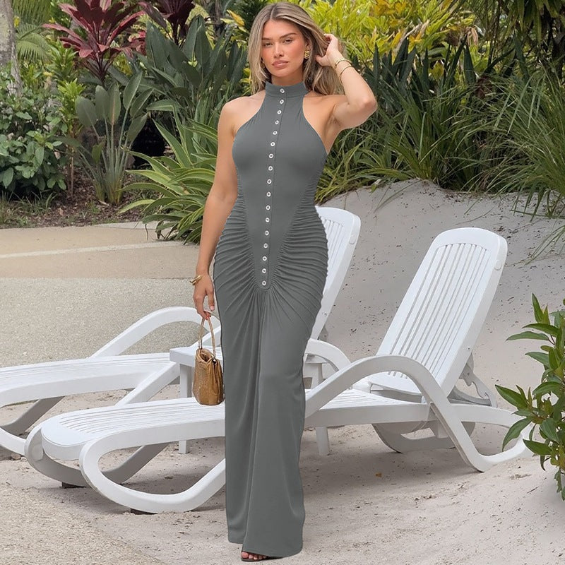 Französische Damen Herbst Slim Fit Zerknittertes Knopf Rundhals Ärmelloses Kleid für Damen