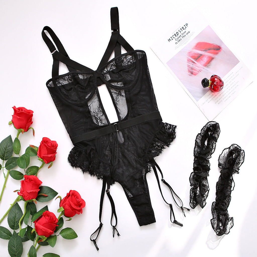 Combinaison Bodysuit Lingerie Sexy en Dentelle à Découpes Transparente avec Anneau de Jambe