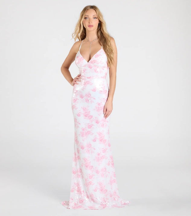 Robe de Soirée Sexy à Paillettes Roses Florales pour Femme