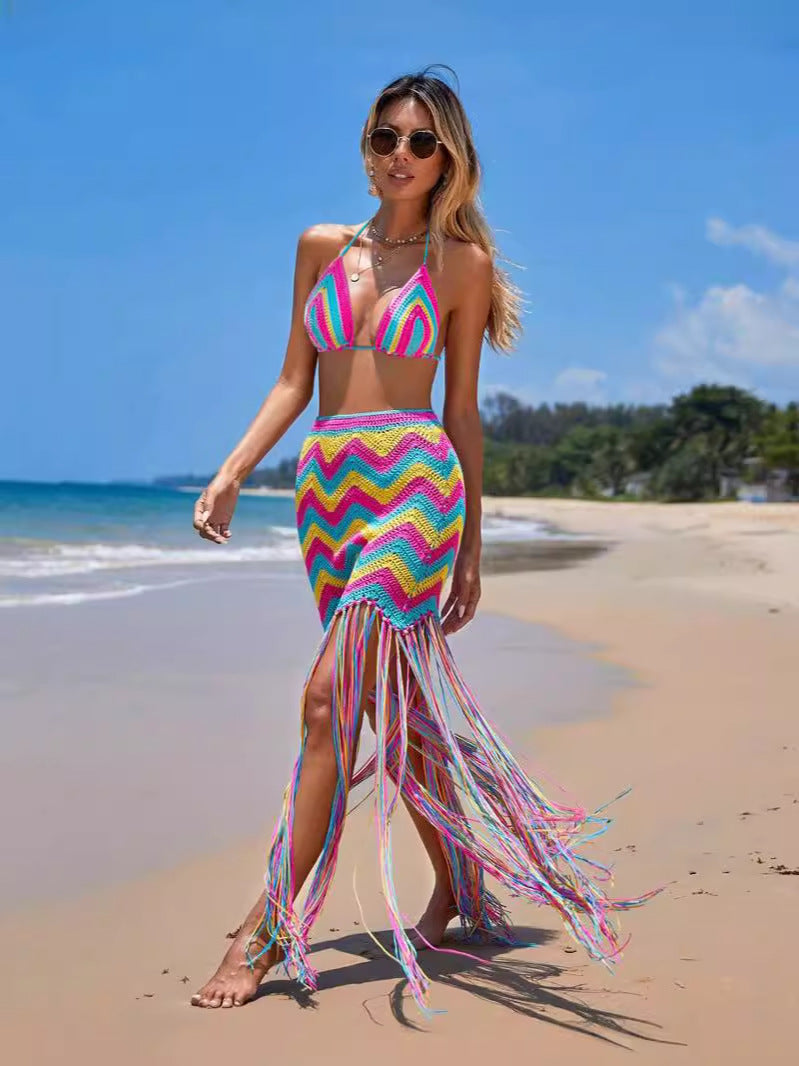 Vêtements pour femmes Ensemble jupe et paréo de plage sexy en crochet fait main à pompons ondulés