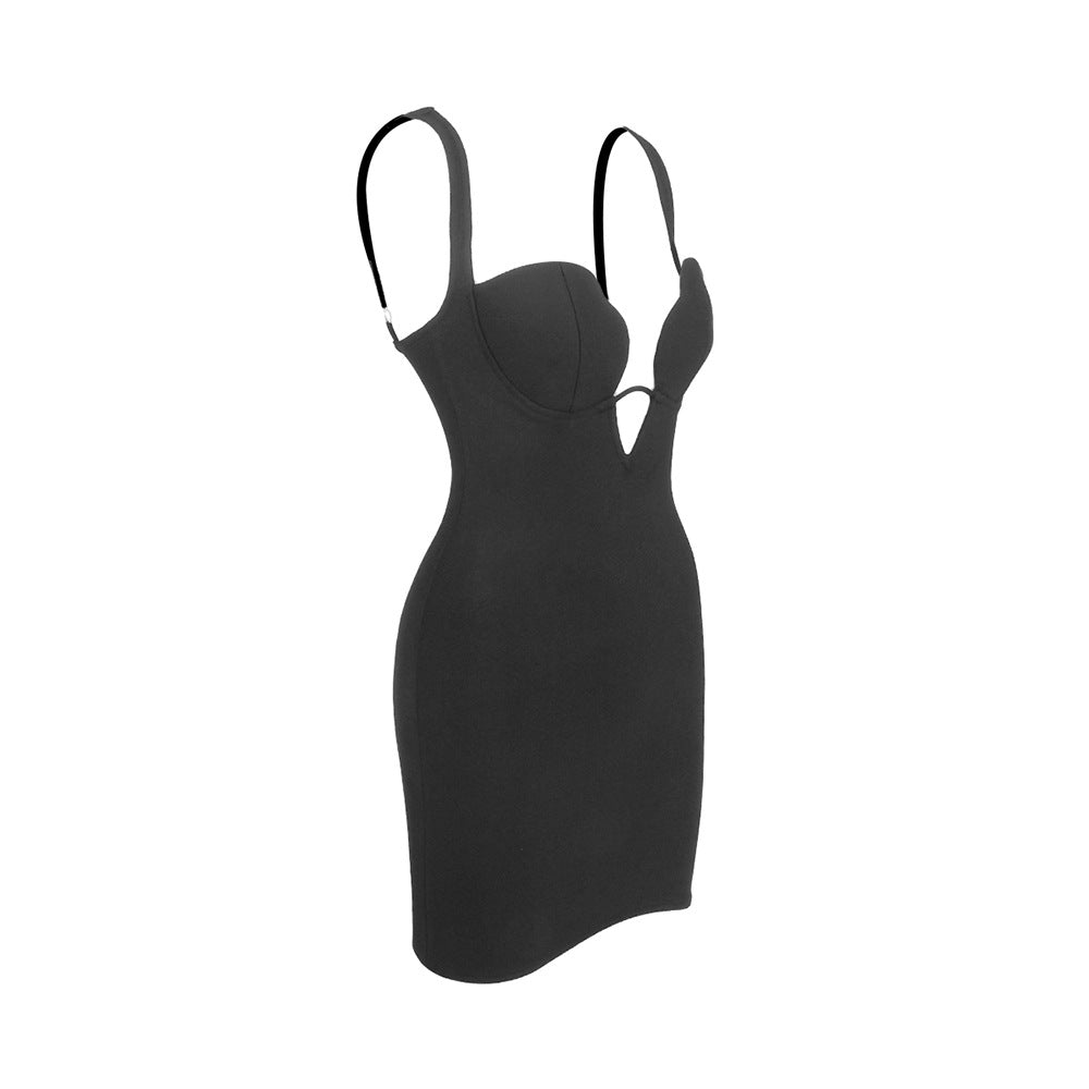 Sexy V-Ausschnitt Träger Reißverschluss Gabelung Saum Kleid Nachtclub Schwarz Französisches Kleid