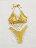 Ensemble bikini trois pièces sexy pour femme, avec jupe courte et haut triangle, couleur unie