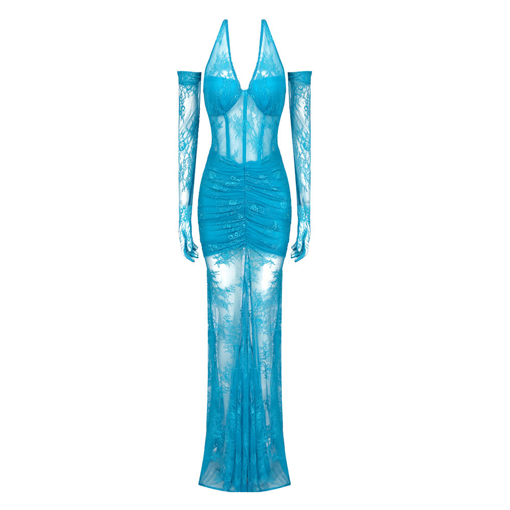 Frühling Sommer Schwarz Blau Spitze Neckholder-Kleid Damen Handschuhe Halbtransparentes Sexy Kleid