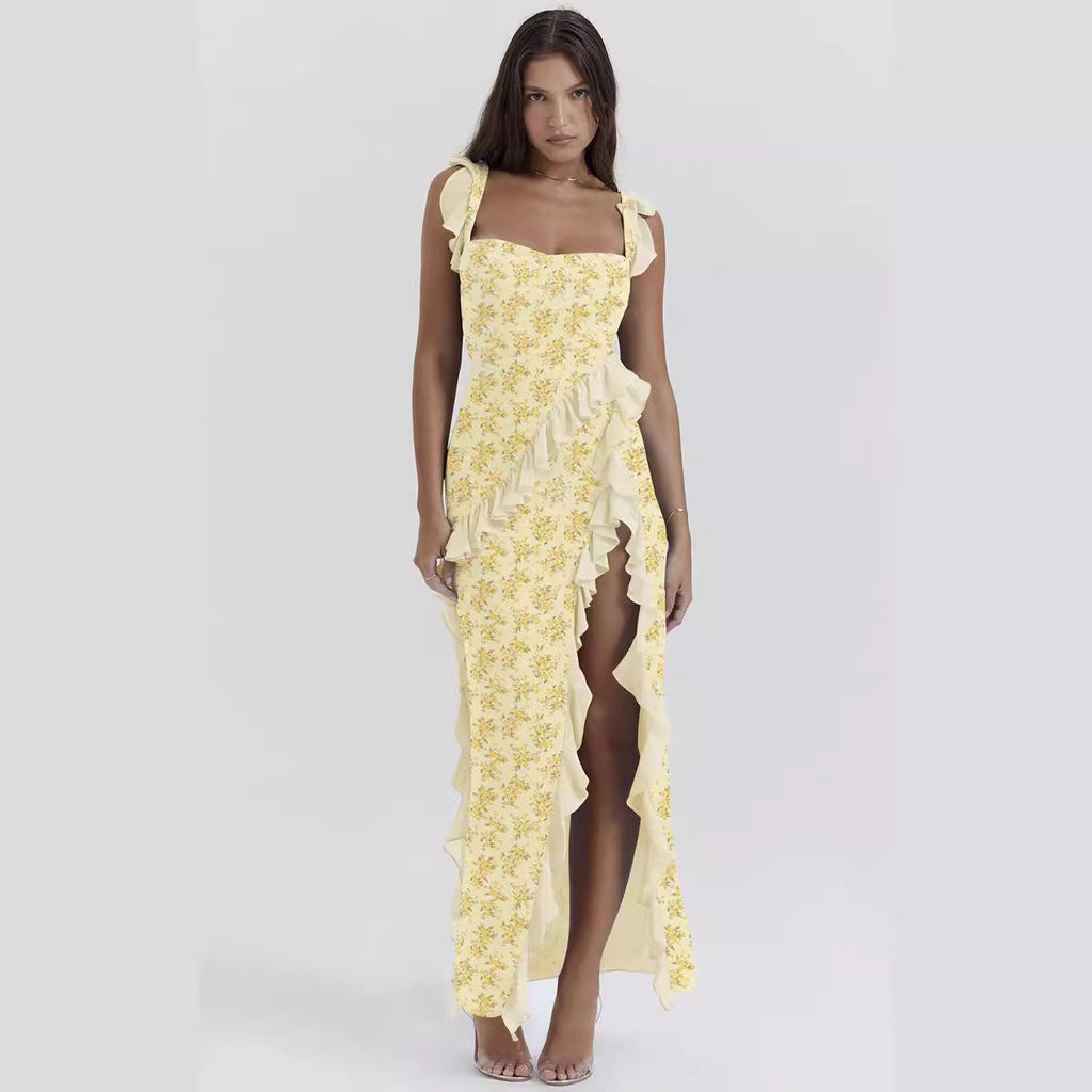 Robe d'été fendue sexy à imprimé avec bretelles françaises et bords en bois