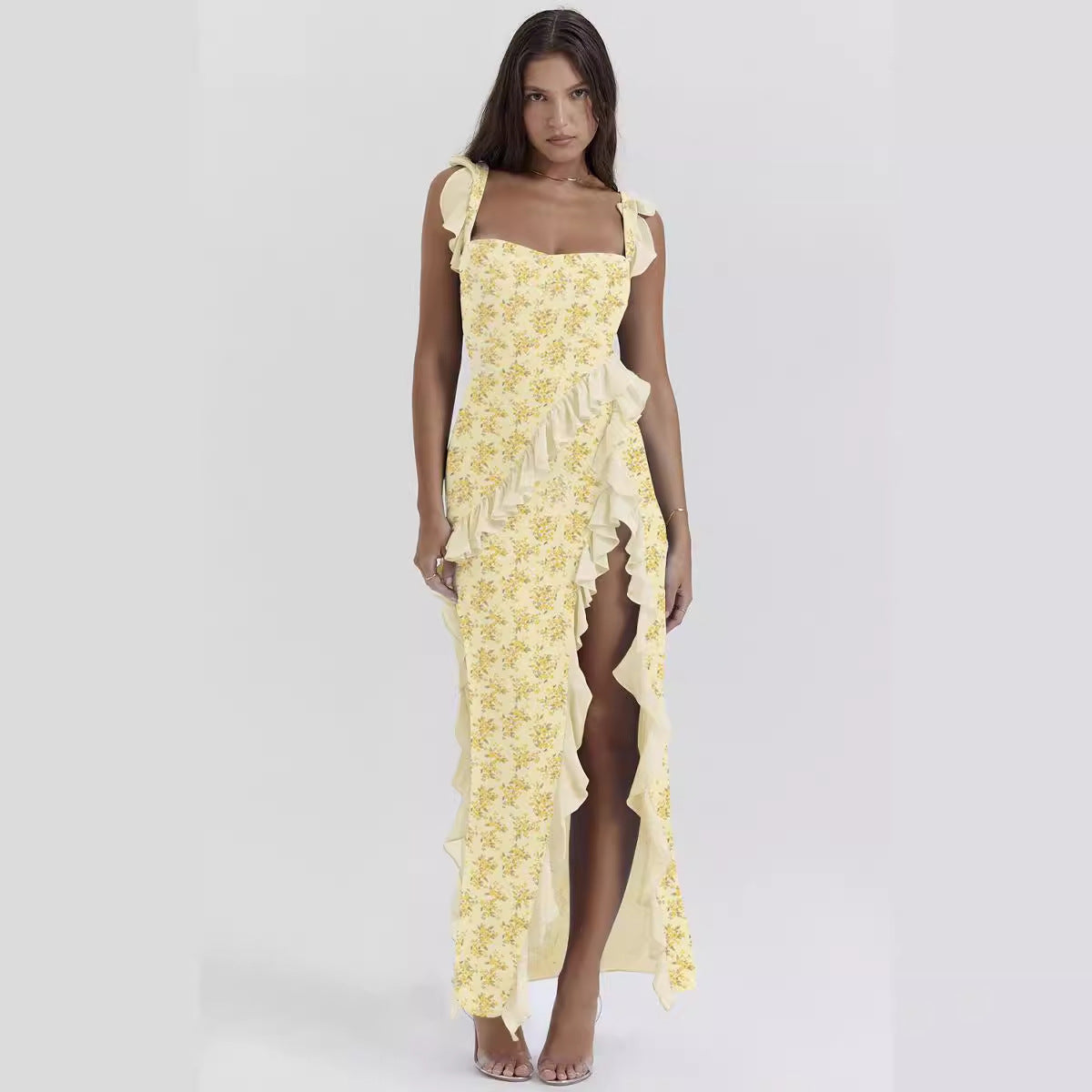 Robe d'été fendue sexy à imprimé avec bretelles françaises et bords en bois
