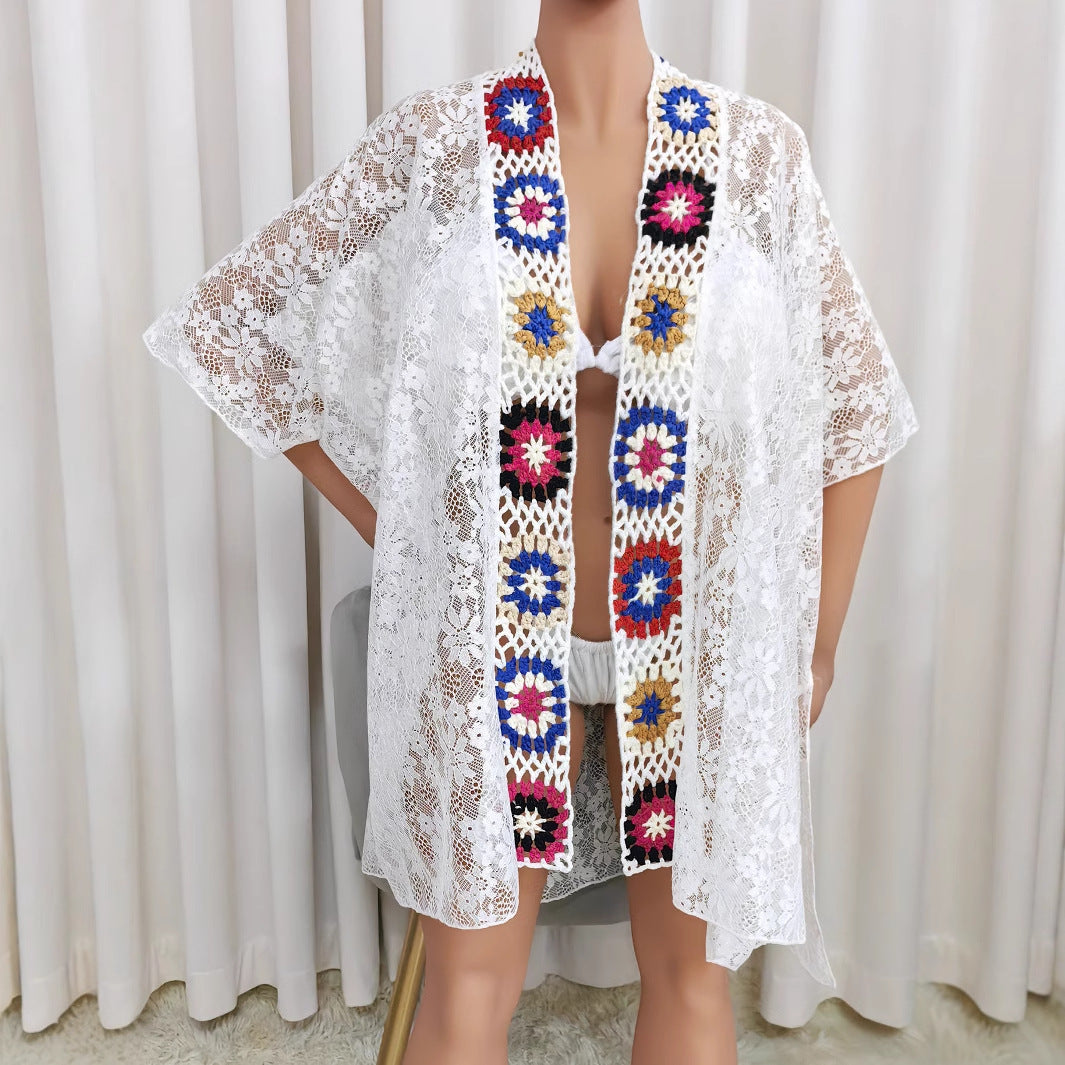 Vêtements de dessus pour femme Cache-maillot de plage Couleur aléatoire Crochet fait main Couture Dentelle Sexy Transparent Protection solaire Cardigan