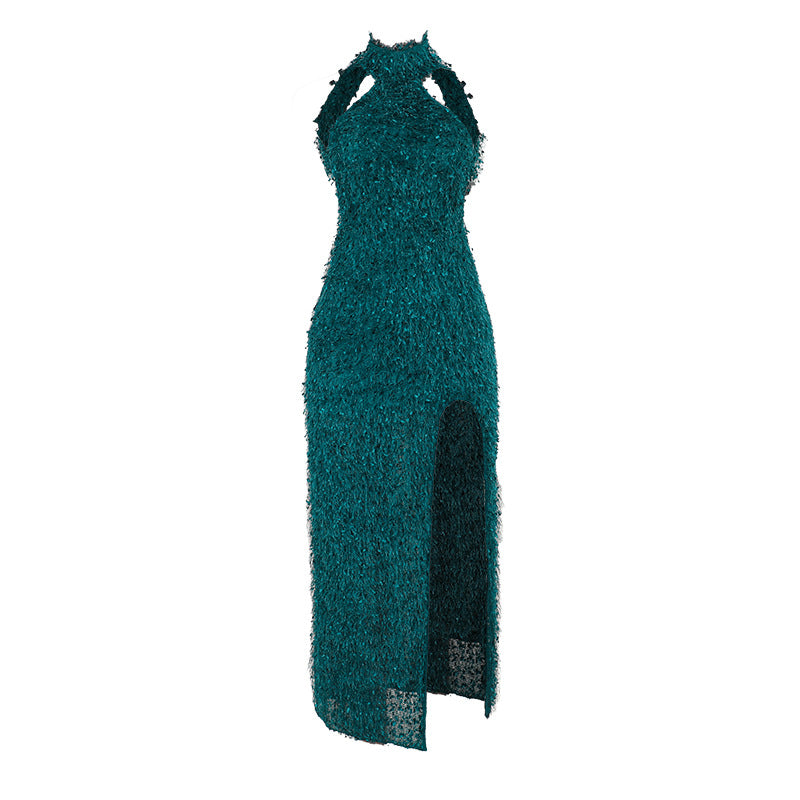 Robe dos nu fendue sexy à coupe ajustée pour femme avec texture en fourrure et licou