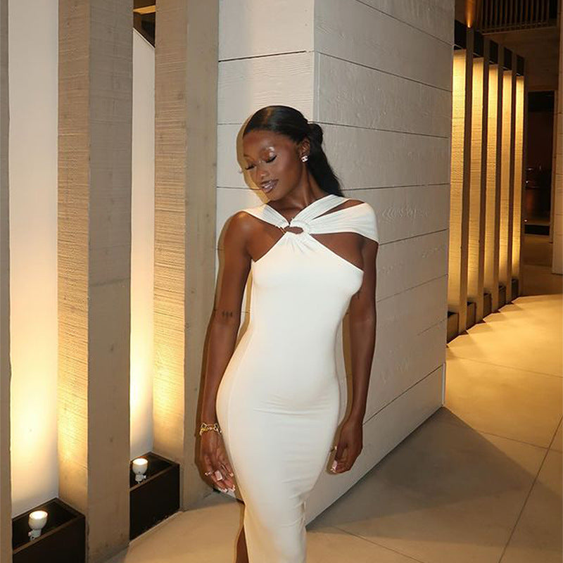 Robe Femme Métal Boucle Licou Sans Manches Élégante Fendue Évidée Découpe Dos Nu Irrégulière Asymétrique