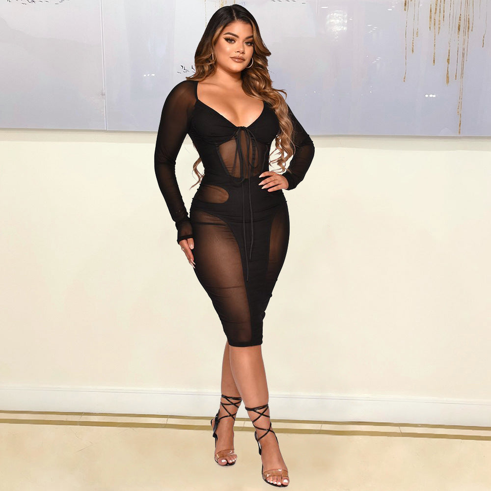 Damenbekleidung Sexy Mesh-Patchwork Transparente gebundene Kleid Damen