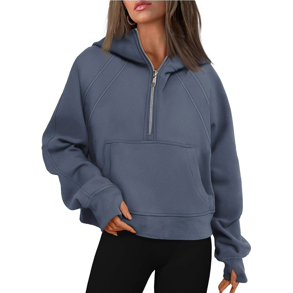 Damen Half-Zip Pullover Hoodie Fleece Kurz Schicker Scuba-Sweater