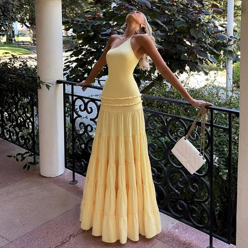 Sexy, ausgeschnittenes, rückenfreies, genähtes, gebundenes, einseitiges, plissiertes, mehrlagiges Maxikleid für Damen