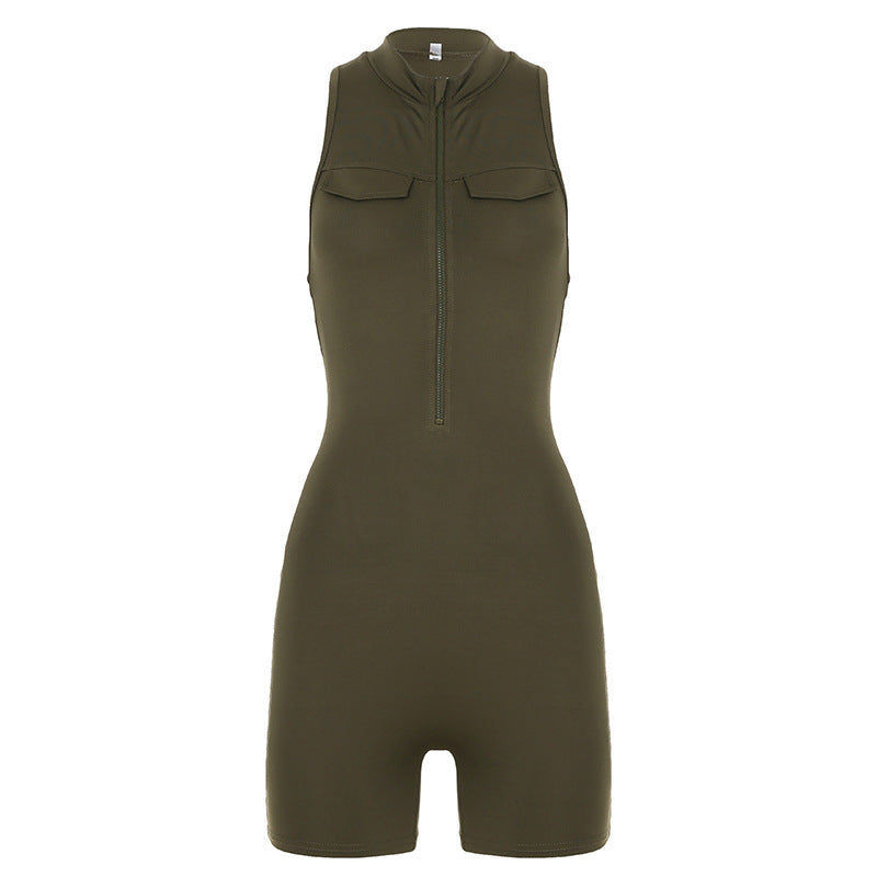 Street Sports Overall Shorts Stehkragen Reißverschluss Tooling Pfirsich Po Yoga Fitness Einteiler Damen