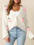 Cardigan Femme Élégant Tricot Motif Fraise 3D Automne Hiver Boutons Manches Longues