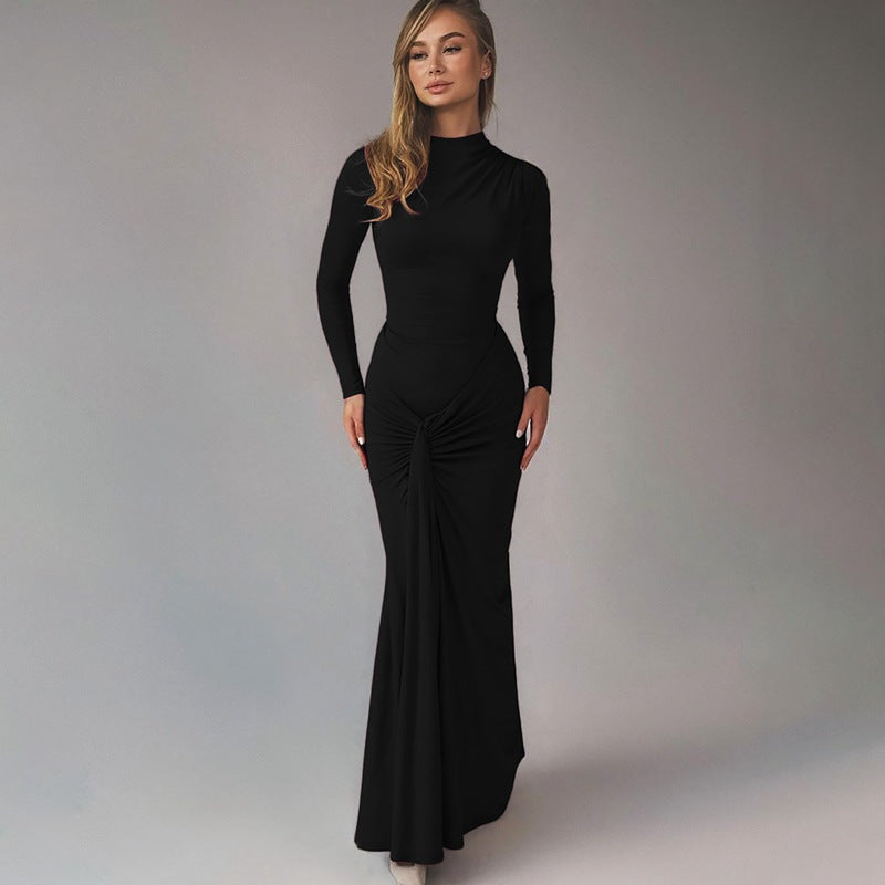 Damenbekleidung Sommer Taillenbetontes Kleid mit Schnürung, Etuikleid, Einfarbig, Schmale Passform, Langarmkleid