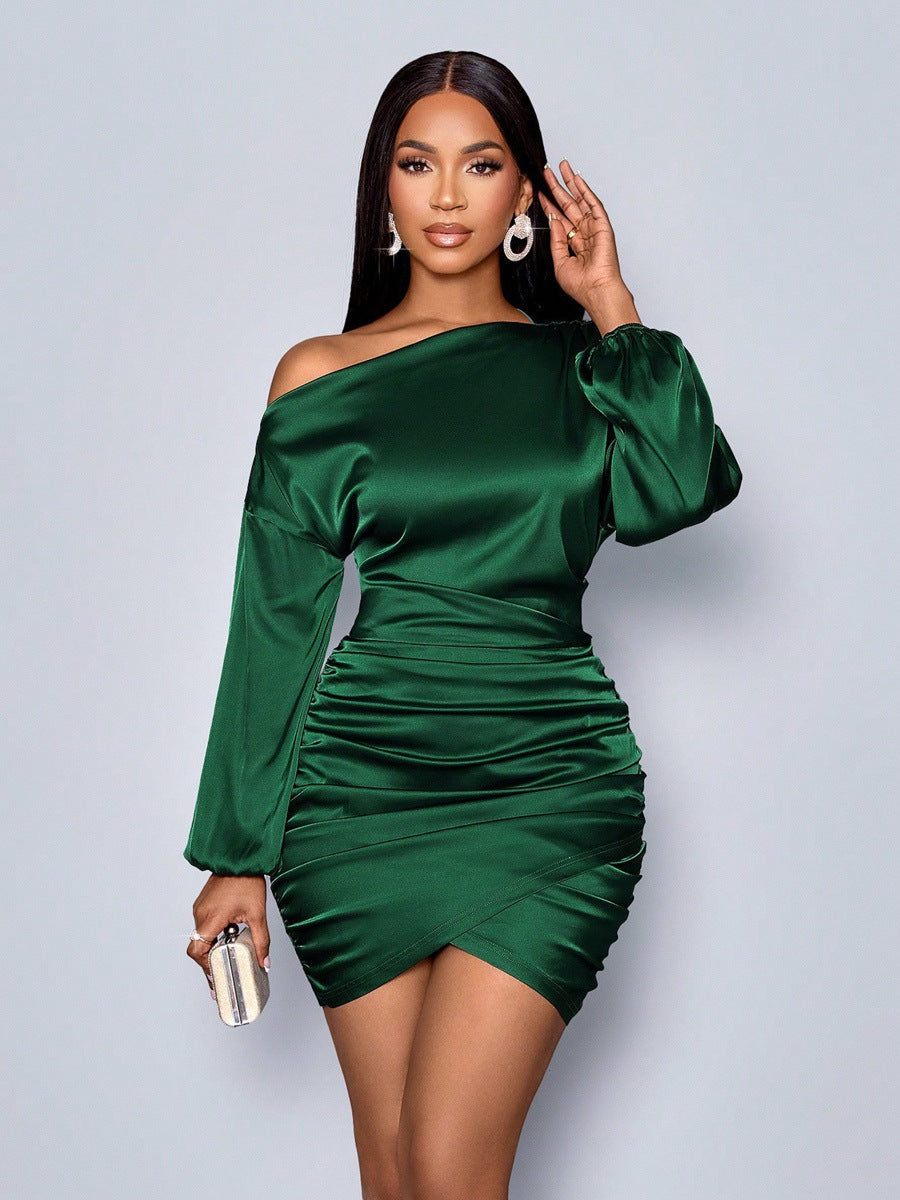 Damen Herbst Oblique Shoulder Langarm Satinkleid Sexyes Kleid