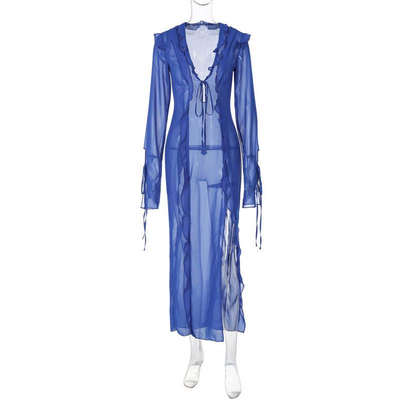 Robe d'été sexy et transparente à col en V fendu avec dentelle inversée sur le côté pour femme