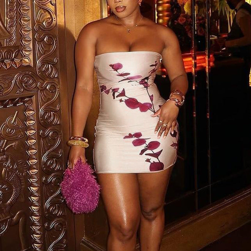 Robe Courte Sexy Imprimée Moulante Amincissante Décolleté Tube pour Fête