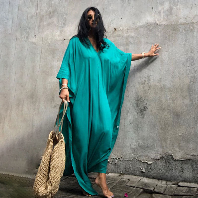 Rayon Einfarbige Bluse Strandurlaub Kleid Locker Überwurf Bikini Badeanzug Robe Oberbekleidung Damen