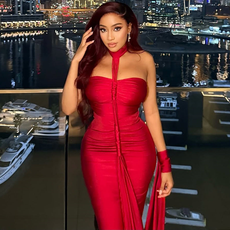 Robe de cocktail élégante et unie pour femme, dos nu, laçage, bustier, hanches plissées, épaules dénudées