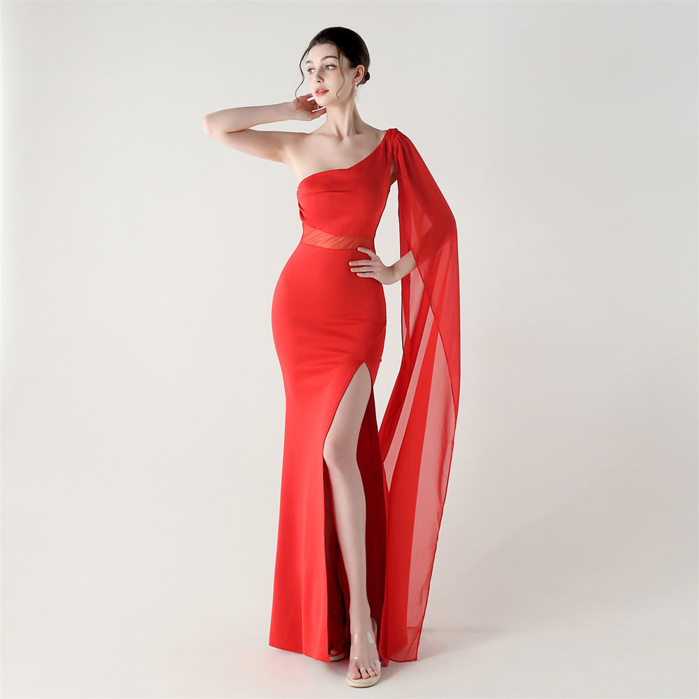 Einzelschulter-Crossbody-Kleid mit Netz-Design und Satinschleife, schmal geschnittenes Cocktailkleid/Abendkleid