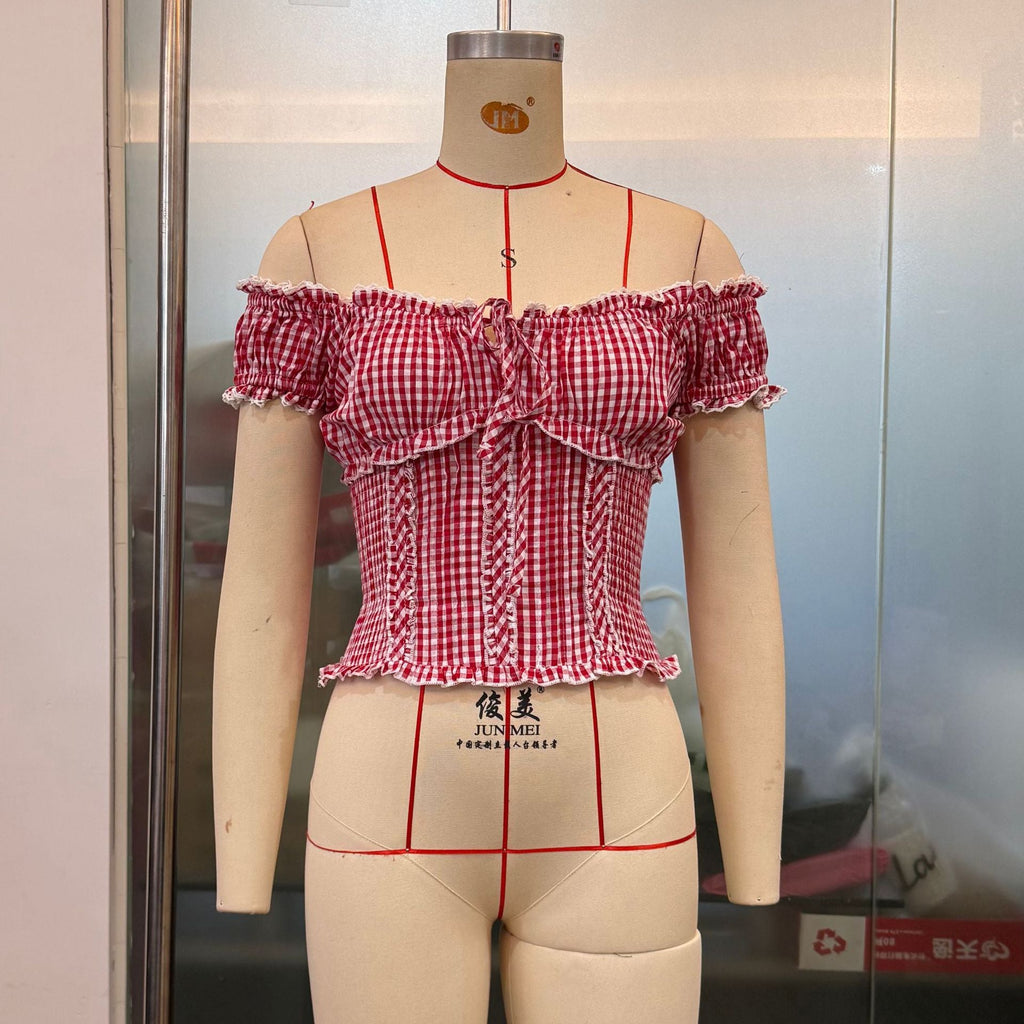 Sommer Damenbekleidung Französischer Karo Süß Rein Will Spitze Rand Puffärmel Kurzes Oberteil