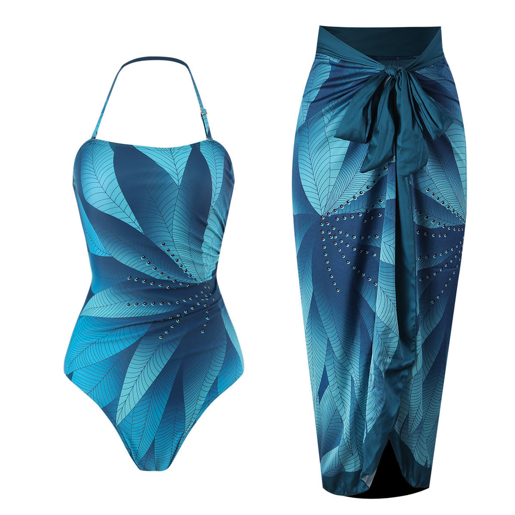 Lonkey Français Maillot de Bain Deux Pièces Imprimé Feuille Robe Droite Maillot de Bain Dos Nu Conservateur Femme
