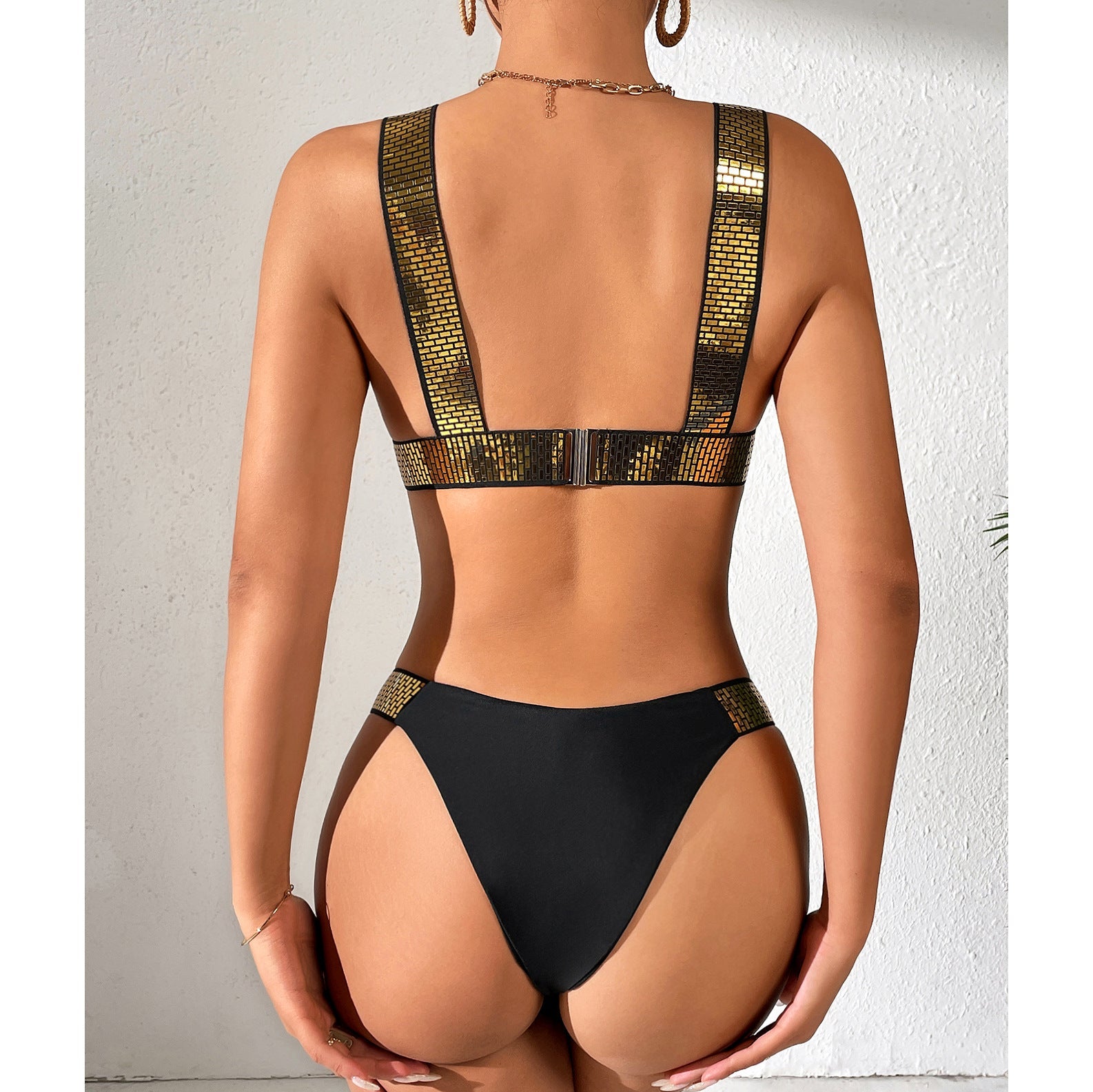 Maillot de bain une pièce uni avec bikini triangle doré élastique séparé pour femme