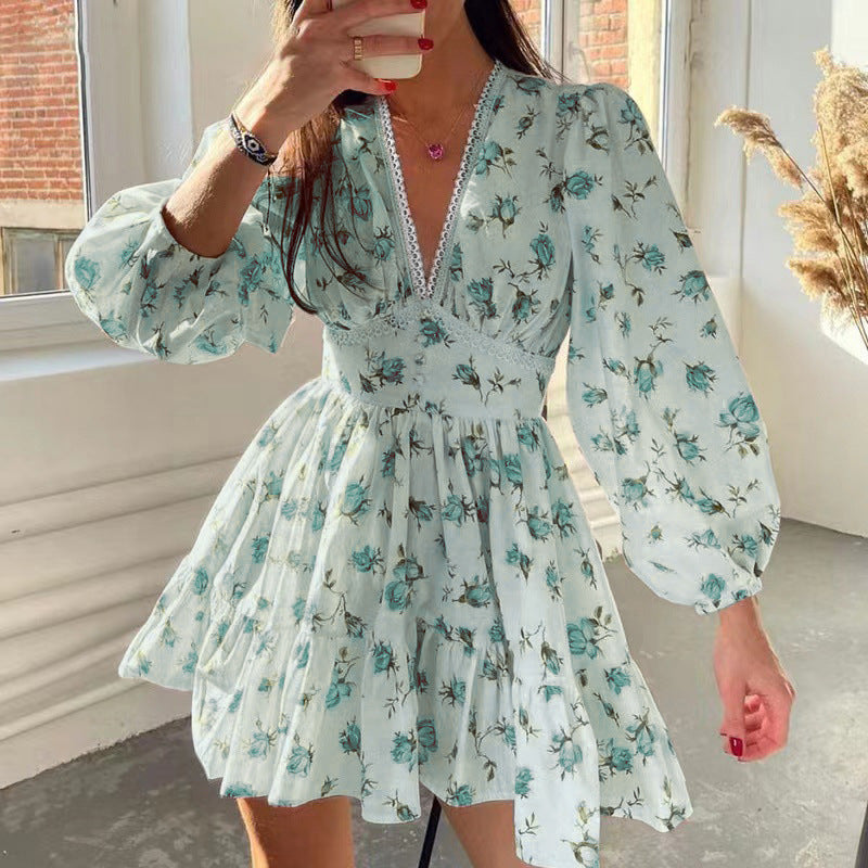 Robe Courte Élégante à Imprimé et Encolure en V avec Dentelle à la Taille pour Femme Printemps