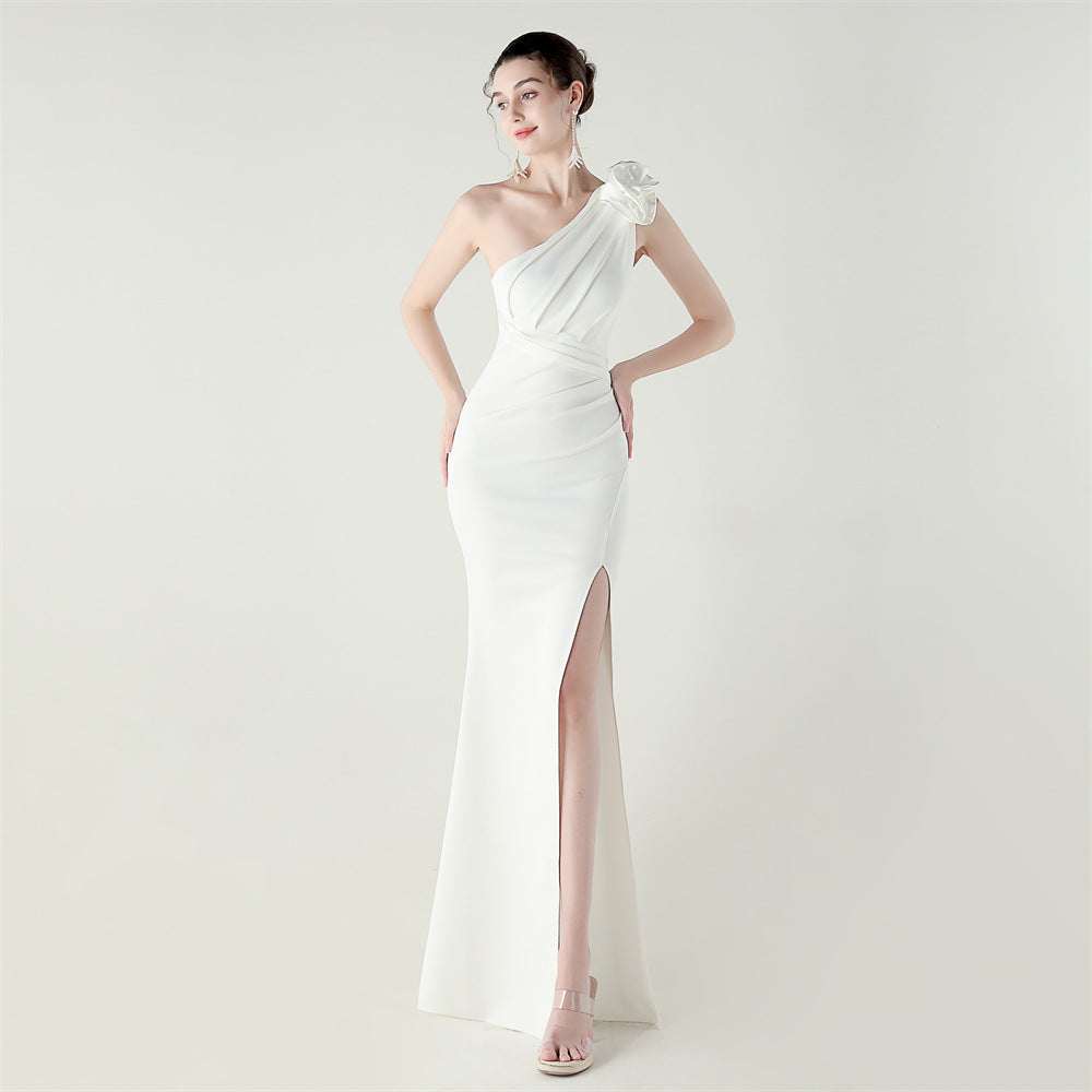 Robe de soirée sexy asymétrique en satin à fleurs en 3D, fendue haute, pour dîner, mariage, ou événement mondain
