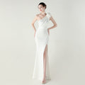 Robe de soirée sexy asymétrique en satin à fleurs en 3D, fendue haute, pour dîner, mariage, ou événement mondain
