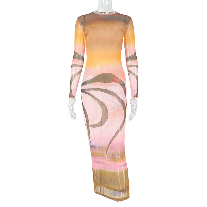 Robe longue ajustée pour femme, col roulé, manches longues, légèrement transparente, imprimée et avec coutures, style rétro.