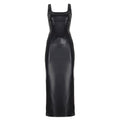 Damenbekleidung quadratischer Kragen tiefer Ausschnitt Kordelzug schmale Passform Lederkleid sexy Scheide geteiltes Kleid