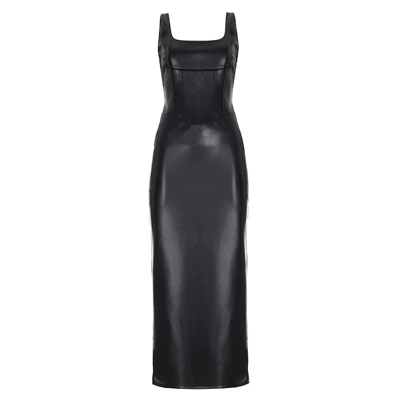 Damenbekleidung quadratischer Kragen tiefer Ausschnitt Kordelzug schmale Passform Lederkleid sexy Scheide geteiltes Kleid