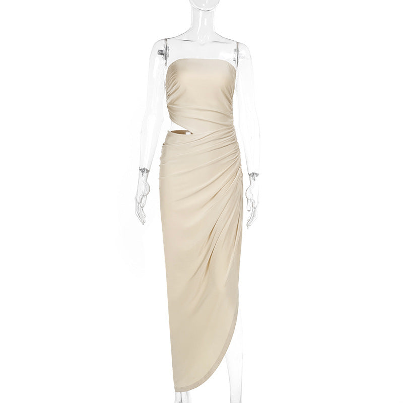 Robe longue de printemps élégante moulante bustier évidée plissée