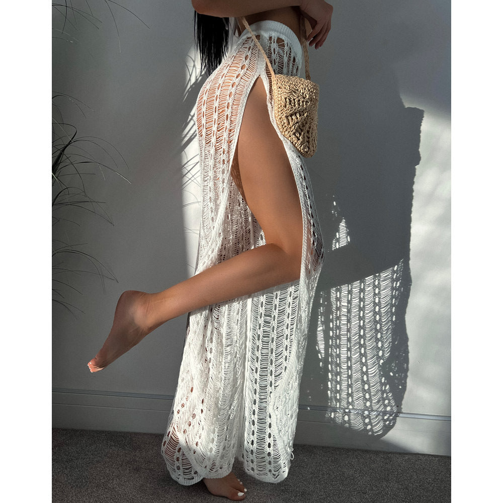 Urlaub Sexy Durchsichtiges Mesh Ausgehöhltes Hose mit Seitenschlitz Gestrickte Mop-Strandhose Damen