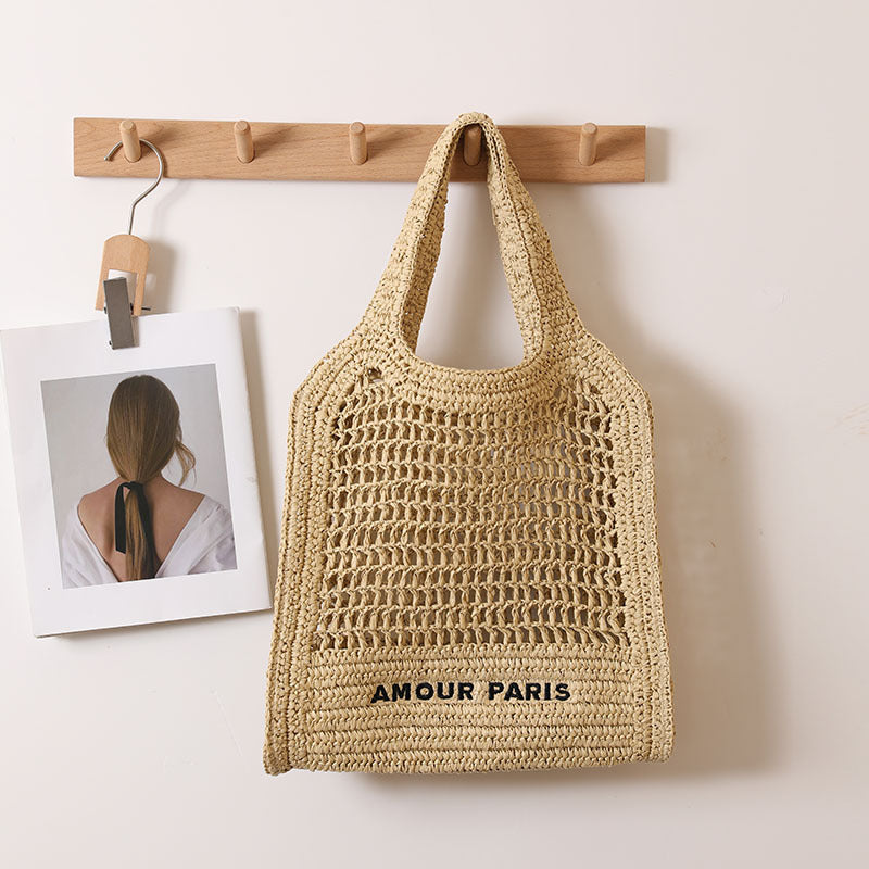 Sac de Plage en Paille Tressée d'Été avec Motif à Lacets, Idéal pour les Vacances à la Plage des Femmes