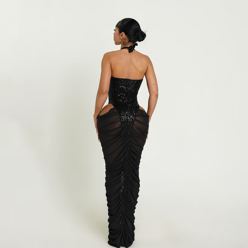 Herbst Winter Damenbekleidung Modisches Pailletten-Patchwork Sexy Mesh Transparenz Rüschenhüftkleid