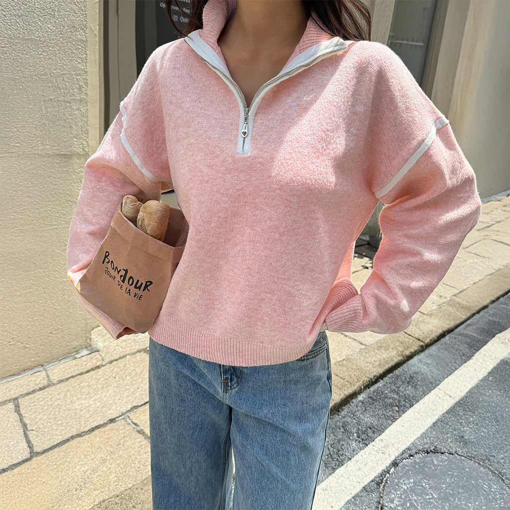 Chandails décontractés simples de couleur unie à manches longues avec fermeture éclair pour femmes, vêtements d'automne-hiver
