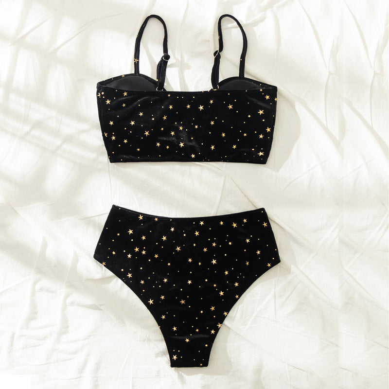Badeanzug Damen Sommer Split High Waist Samt Stern Schwarz Frühling Badeanzug