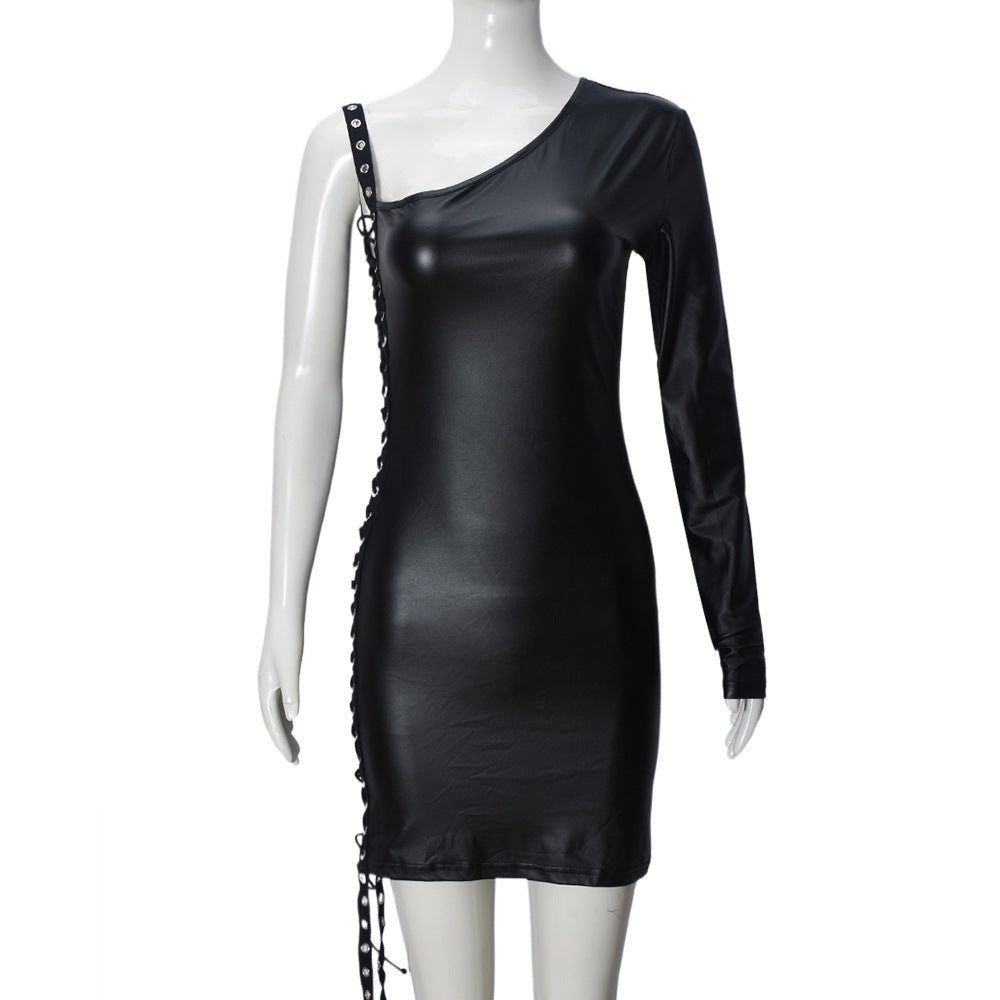 Robe Femme Col Diagonal Ruban Évidé Découpe Bretelles Manches Longues Un Côté Pull Hanche pour Femme