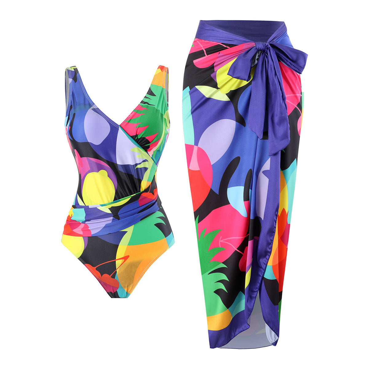 Zweiteiliger Bikini-Set, bauchbedeckend, bedrucktes, rückenfreies Scheidenkleid, Badeanzug