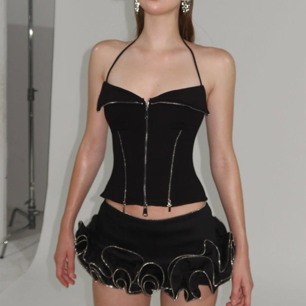 Gilet bustier court licou sexy coupe ajustée avec fermeture éclair, design « Street Shooting »