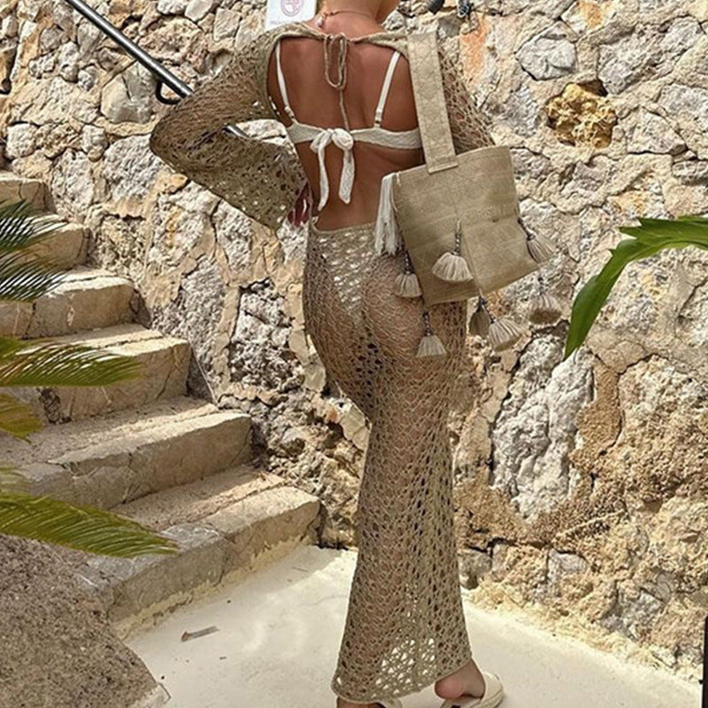 Vêtements Femme Robe Longue Sexy Découpée Évidée Manches Longues Col Rond Maxi Robe de Plage Jupette Crochet